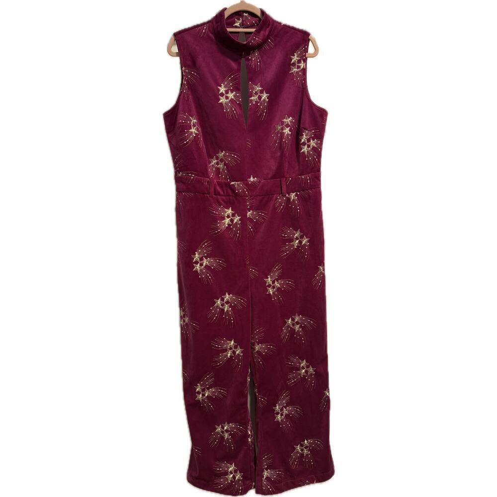 [Modern] Nasty Gal Magenta Gold Star Velour Velvet Jumpsuit - Size 10
